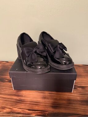 Black Patent Platform Heel Loafer with Bow - Women